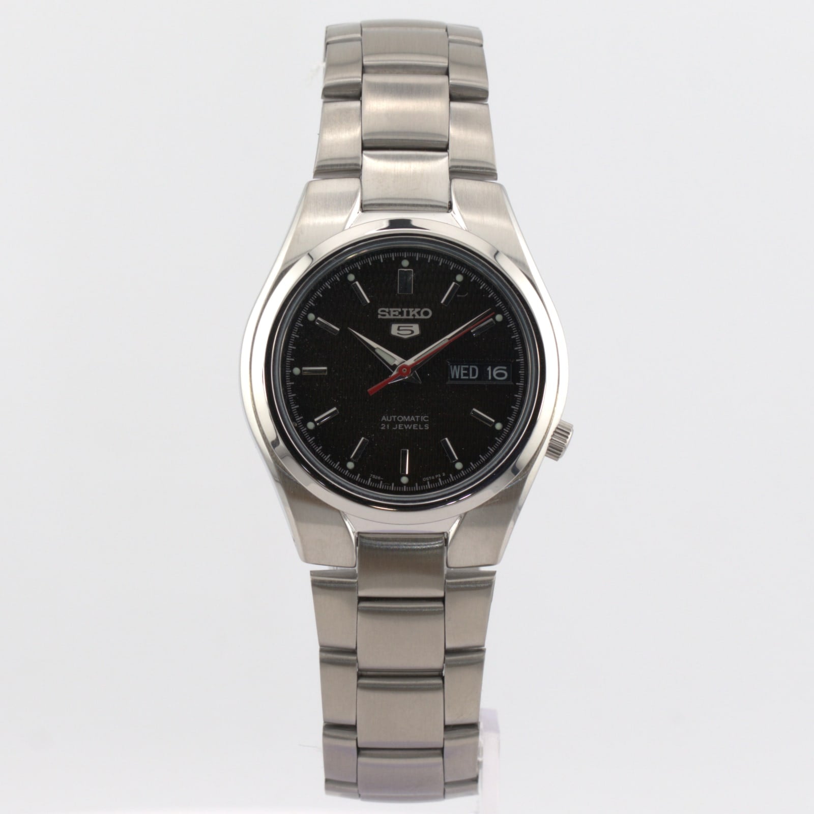 Seiko 5 automatic men's watch with black dial and stainless steel bracelet