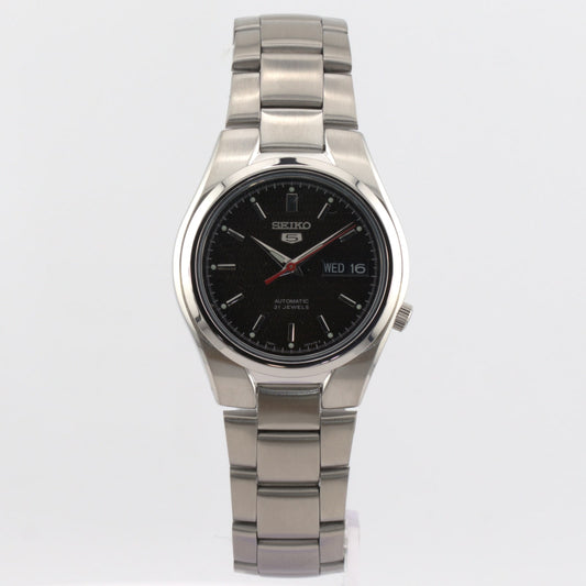 Seiko 5 automatic men's watch with black dial and stainless steel bracelet