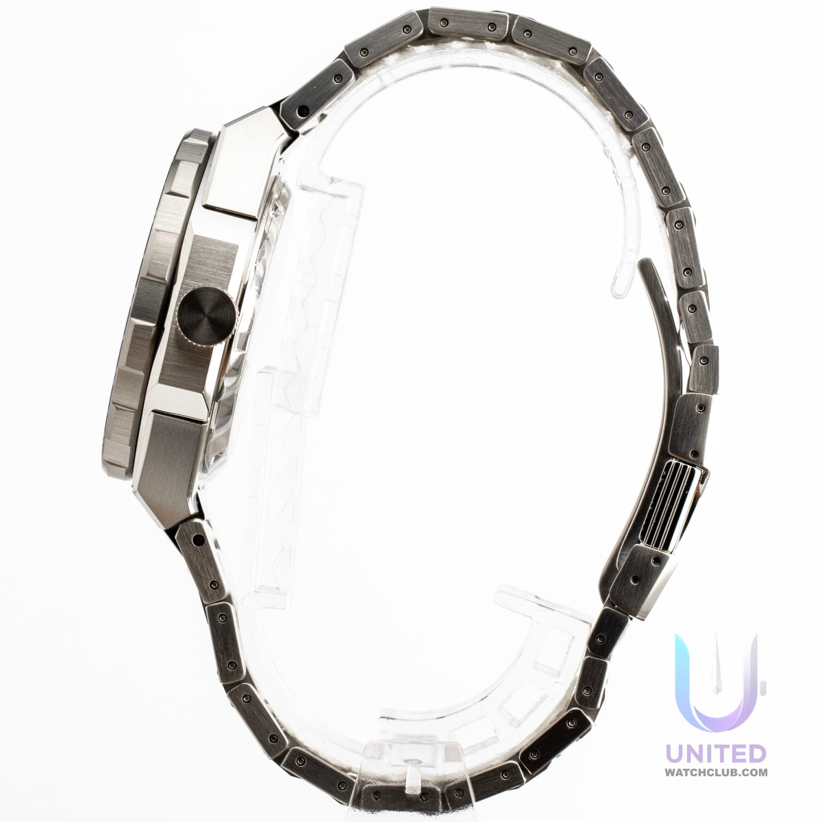 Citizen Series8 880 GMT watch side view showcasing the sleek design and stainless steel band.