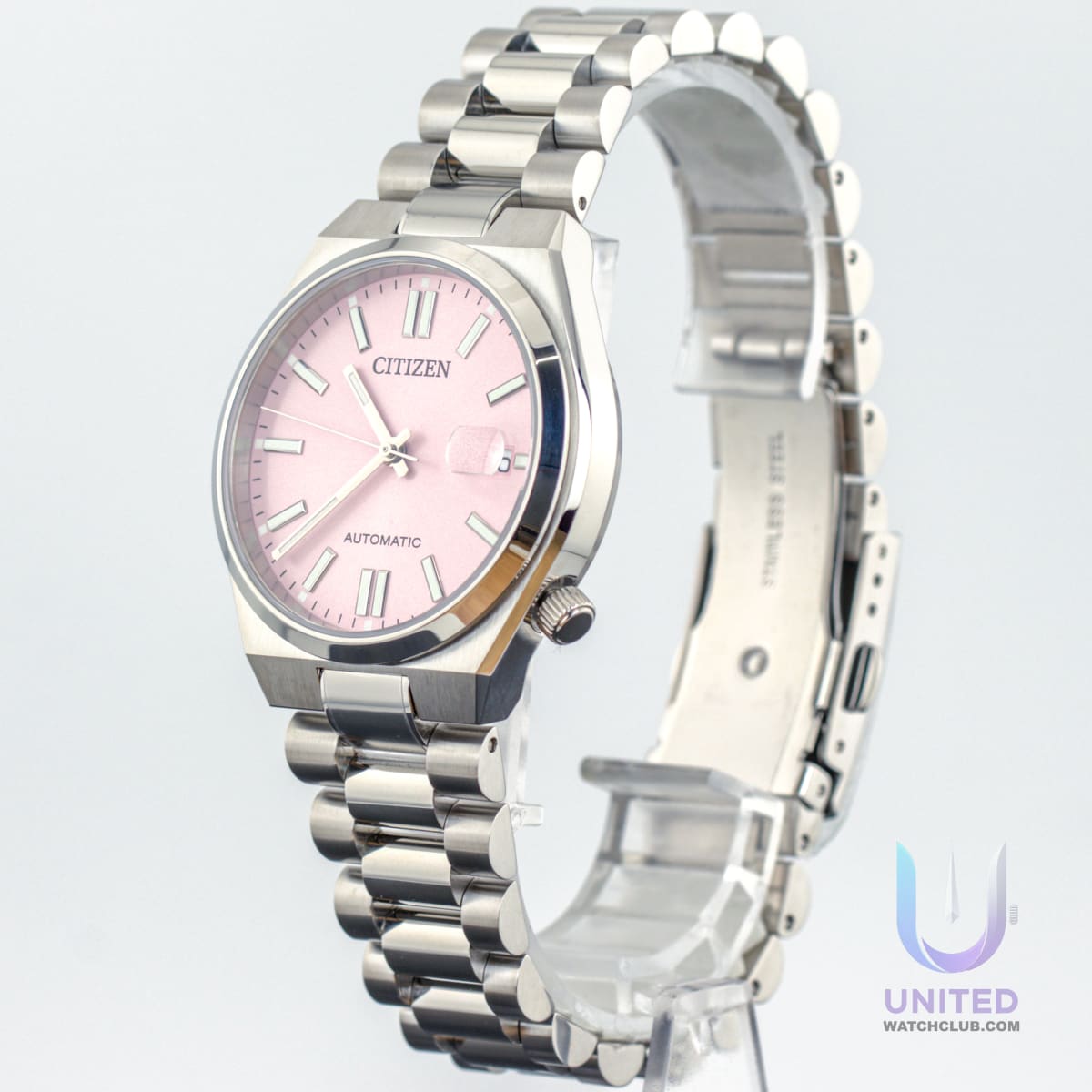 Citizen Tsuyosa pink dial watch with silver-tone stainless steel case and automatic movement.