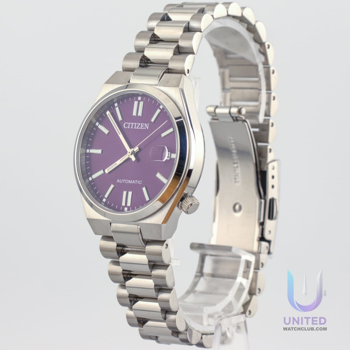 Citizen Tsuyosa automatic watch purple dial on a stainless steel bracelet, 37mm case, elegant design.