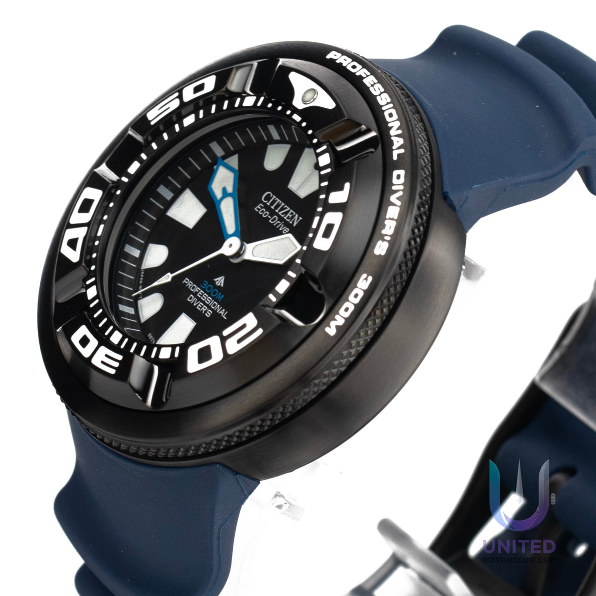 Citizen Promaster Marine dive watch with black dial and blue strap, professional divers 300m water resistance.