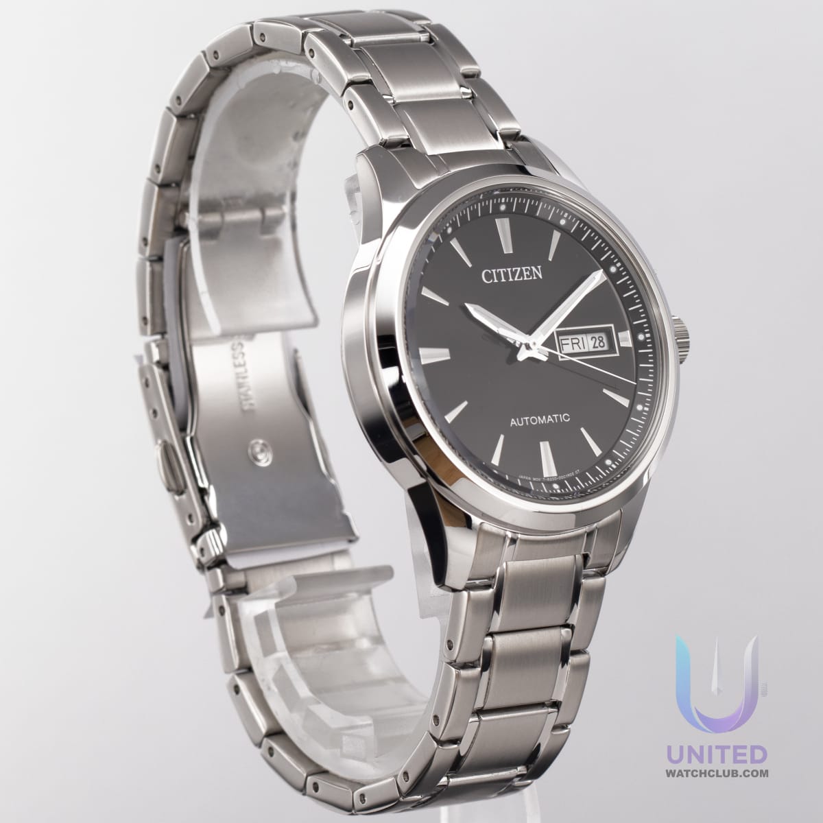 Citizen automatic black dial watch with a stainless steel bracelet and elegant design.