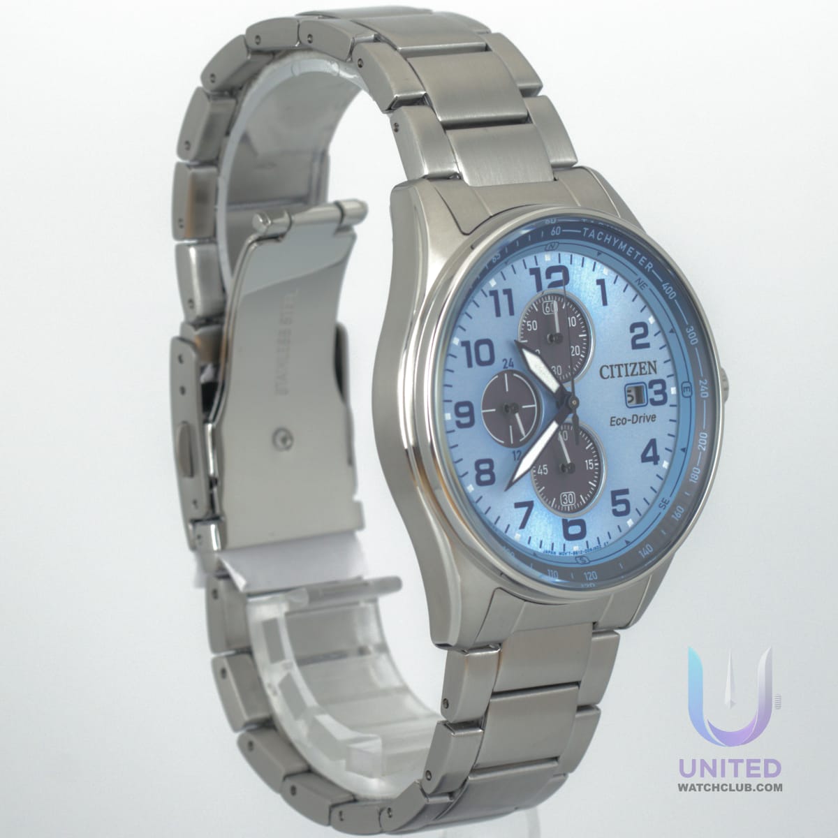 Citizen Eco-Drive chronograph watch with light blue dial and stainless steel bracelet, model CA0770-72M.