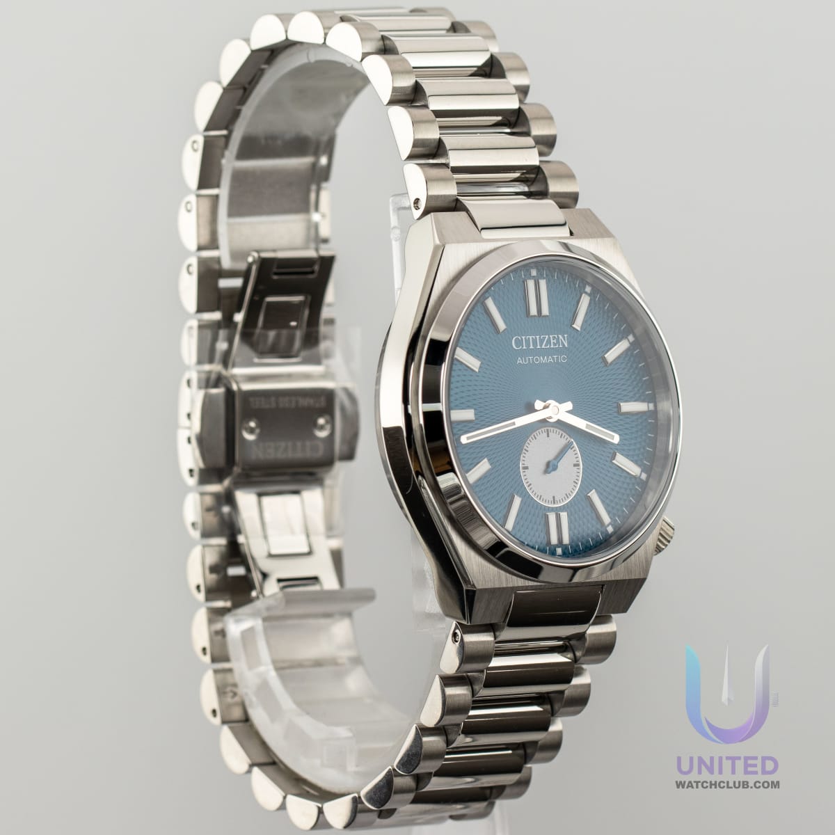 Citizen Tsuyosa automatic watch with a blue dial and silver-tone stainless steel case.