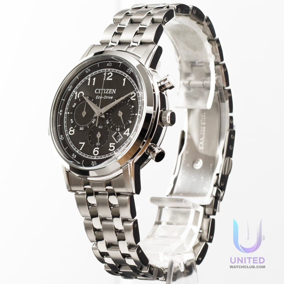 Citizen Eco-Drive chronograph watch with black dial and stainless steel bracelet