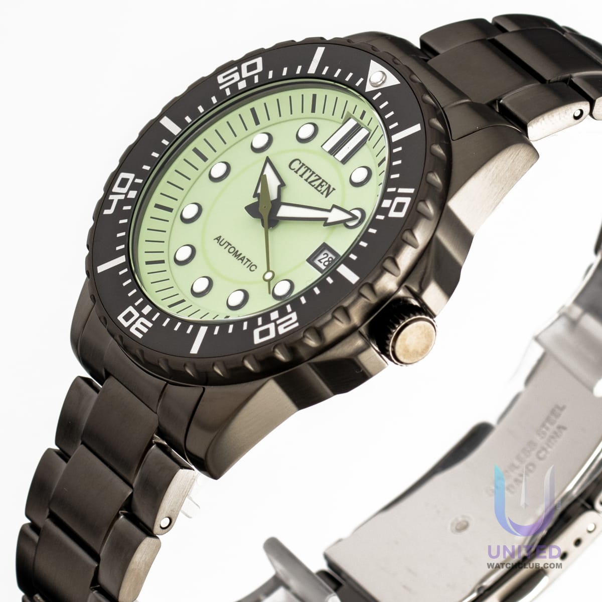 Citizen mechanical watch green dial NJ0177-84X with luminous face in a black stainless steel case and bracelet.