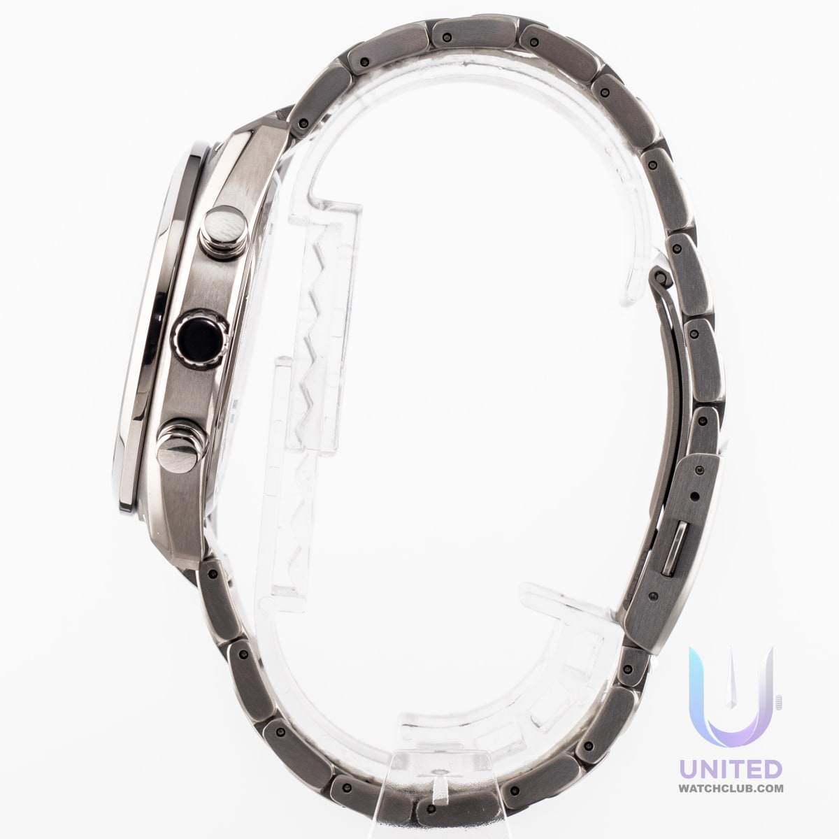Citizen Tsuki-yomi A-T watch side view showcasing its silver-tone Super Titanium™ case and elegant design.