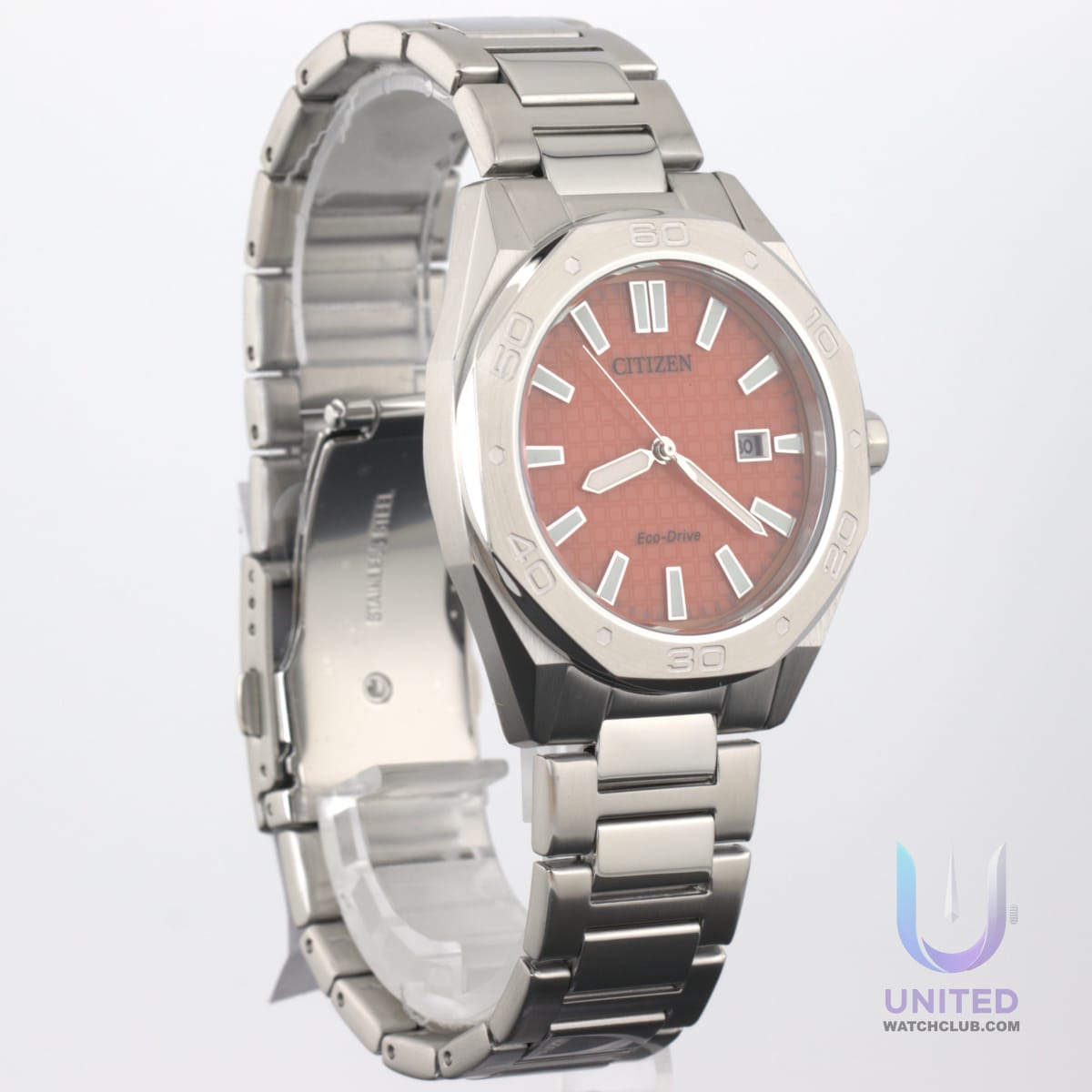 Citizen Eco-Drive BM7630-80Z men's watch with orange dial and silver-tone stainless steel case.