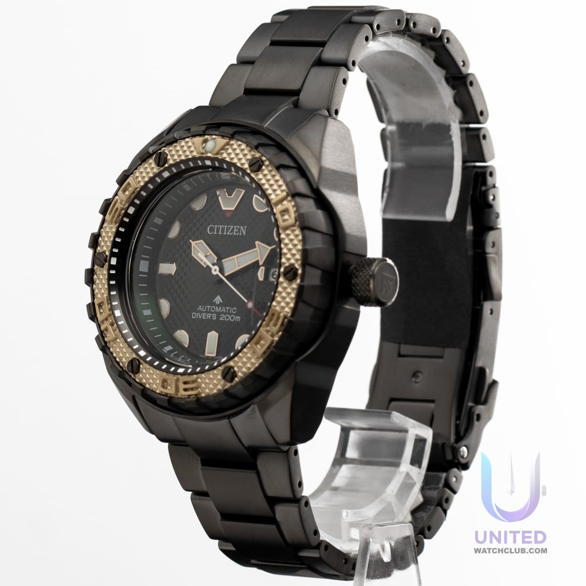Citizen Promaster Marine green dial watch displayed from the side showing its robust design and advanced features.