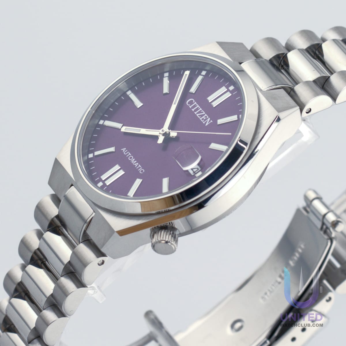 Citizen Tsuyosa automatic watch purple dial showcasing a 37mm stainless steel case and elegant bracelet design.