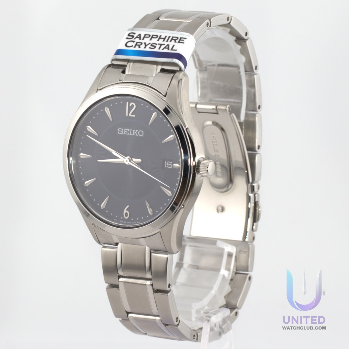 Seiko blue dial watch with stainless steel case and sapphire crystal, elegant and functional timepiece.