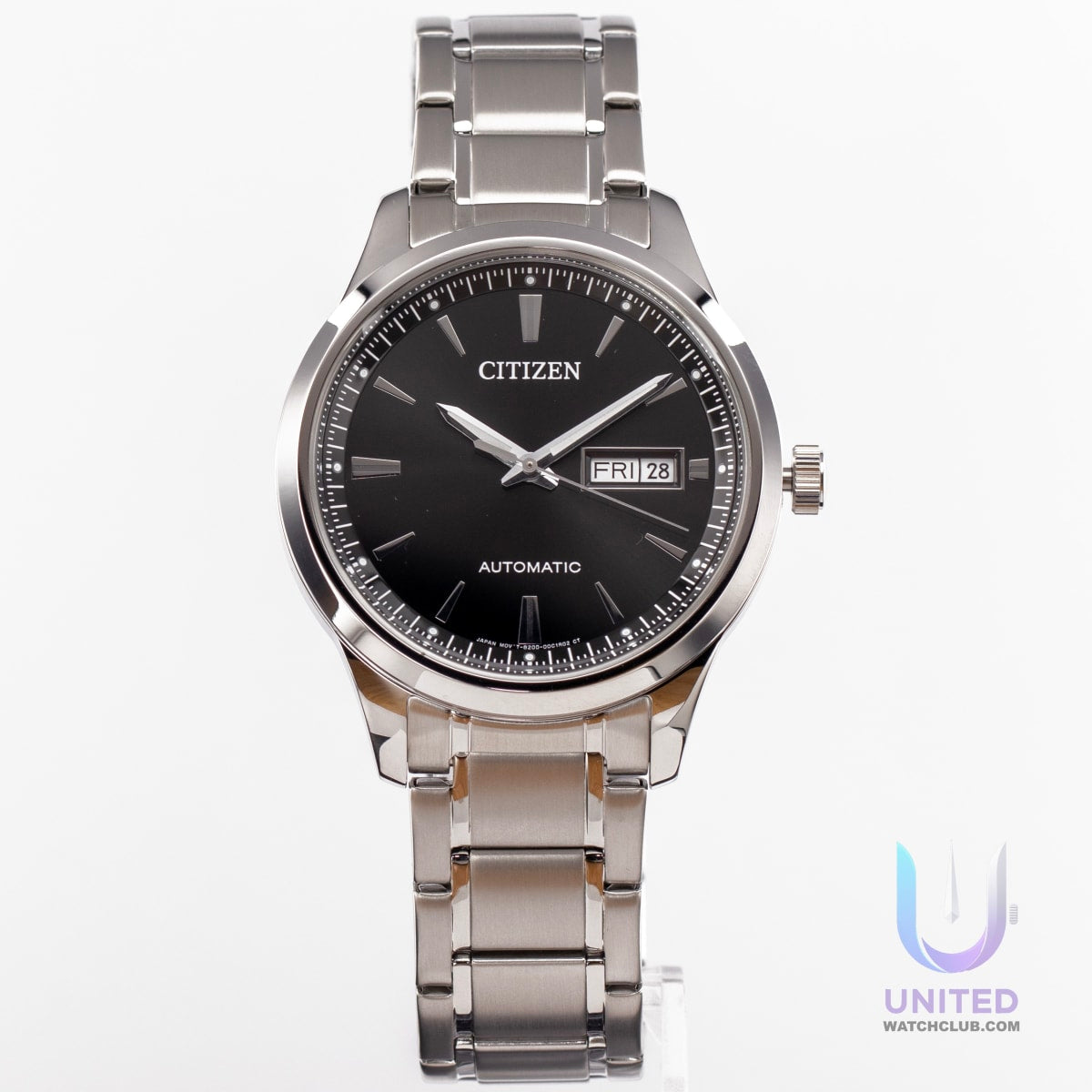 Citizen automatic black dial watch showcasing a sleek design with a black dial and silver bracelet.