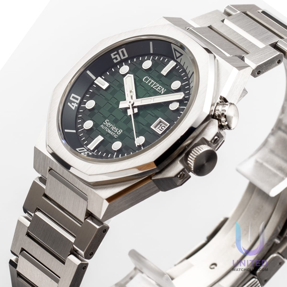 Citizen Series8 green dial watch with textured green dial and stainless steel strap, model NB6060-58X