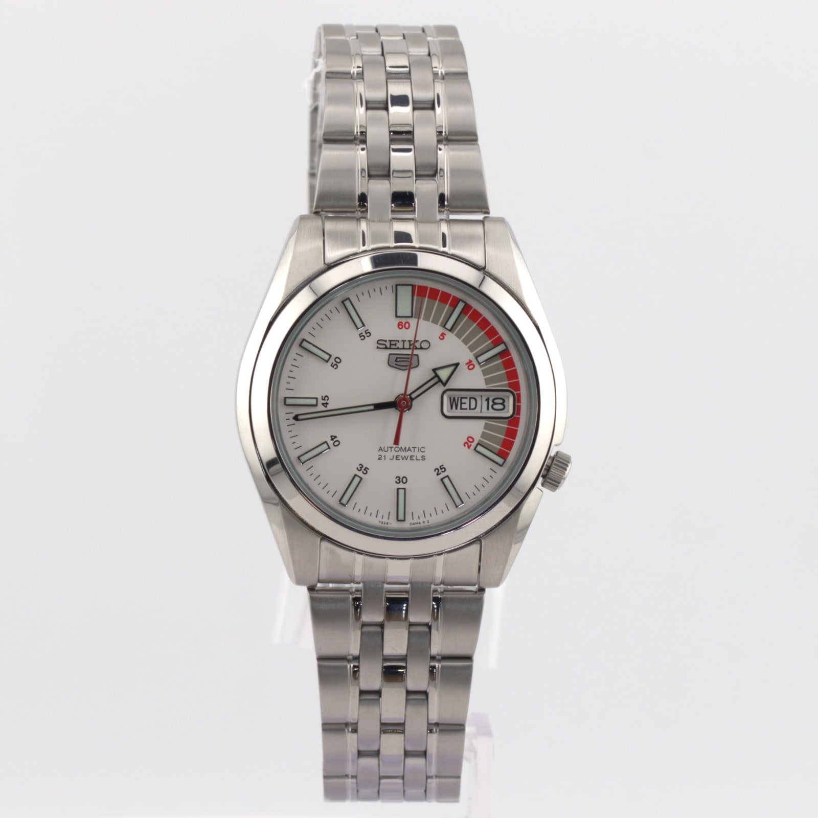 Seiko 5 automatic white dial watch with stainless steel bracelet and clear day-date display