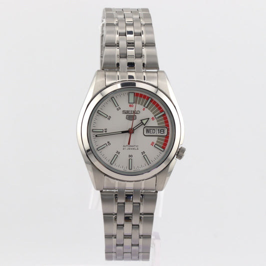 Seiko 5 automatic white dial watch with stainless steel bracelet and clear day-date display