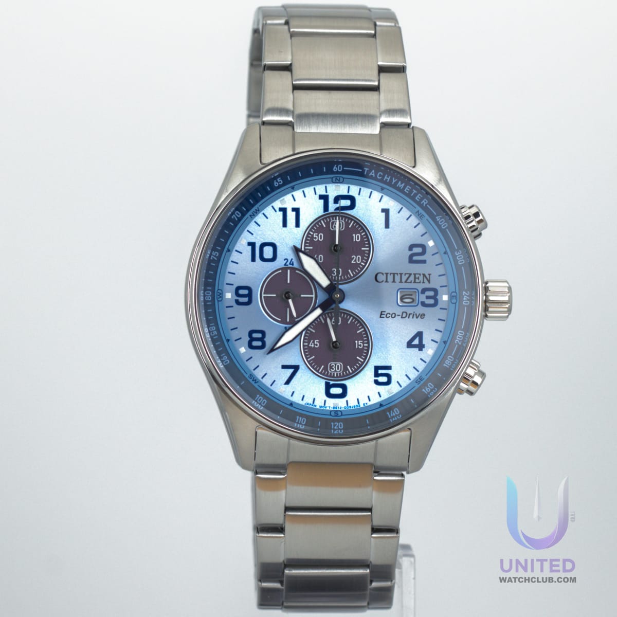 Citizen Eco-Drive chronograph watch on stainless steel band with light blue dial and sub-dials.