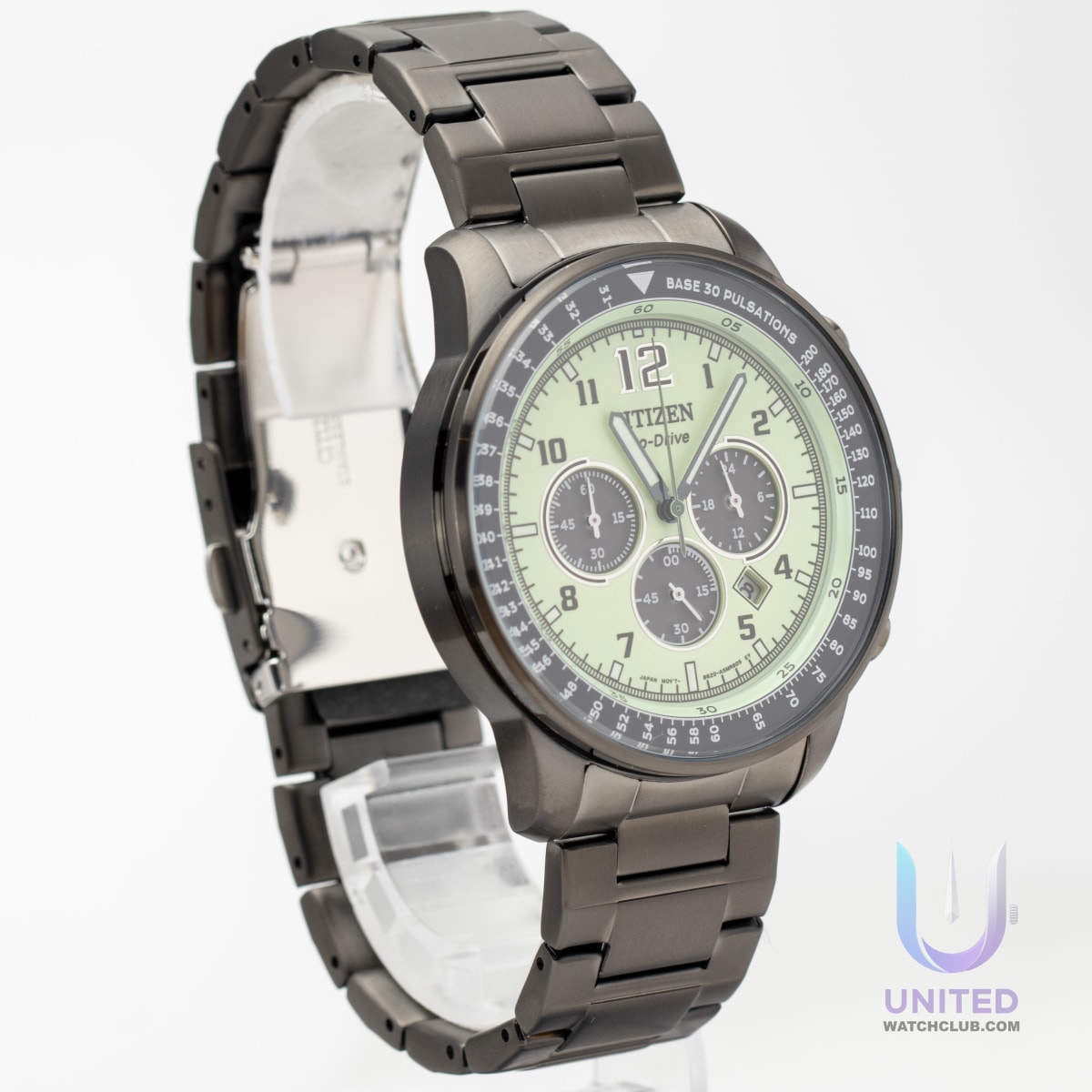 Citizen Eco-Drive Chronograph watch green dial on display showcasing its stylish design and functionality.